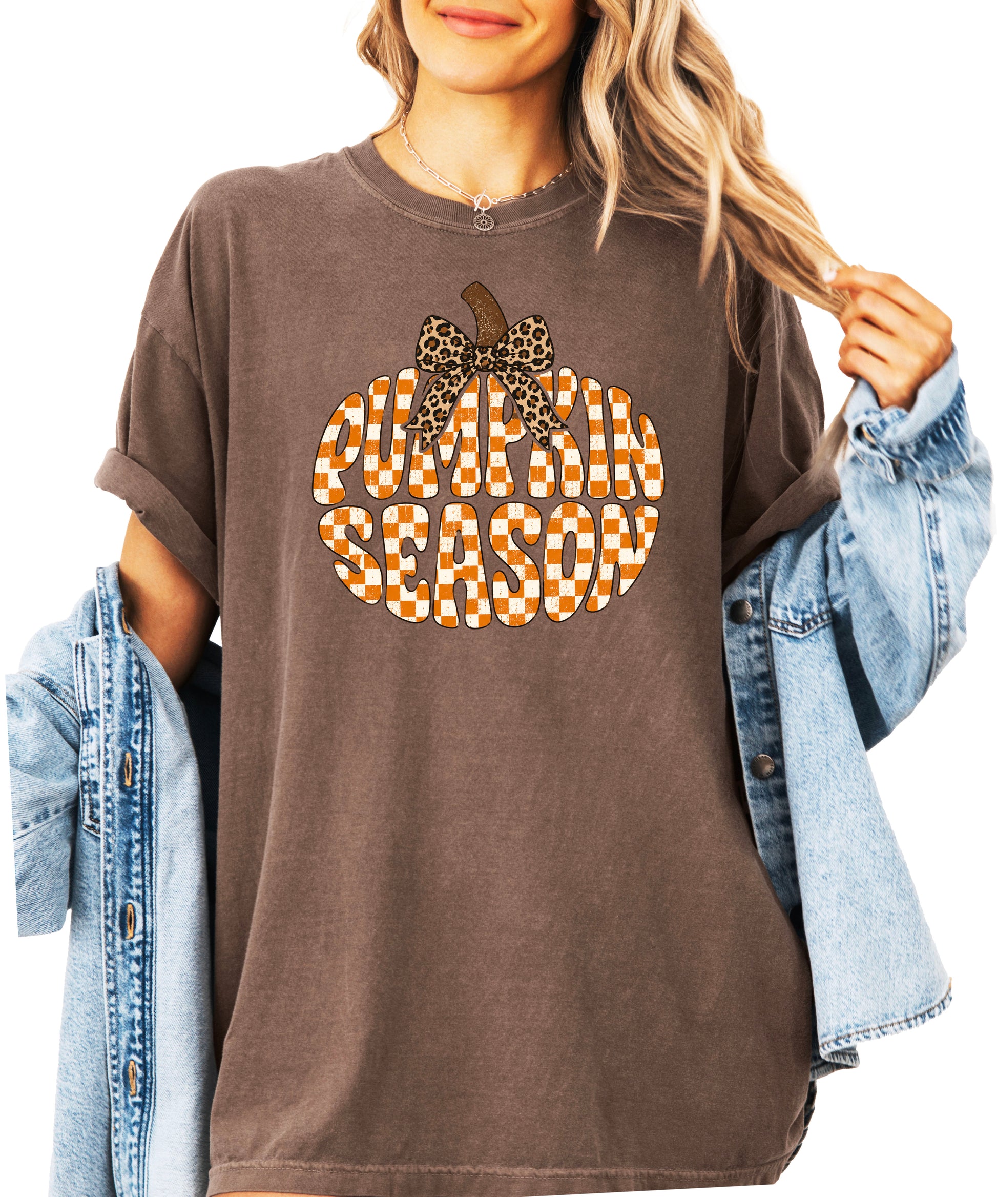 Pumpkin Season checkered pumpkin with leopard bow graphic tee in Espresso, Comfort Colors 1717 womens fall t-shirt, detail view
