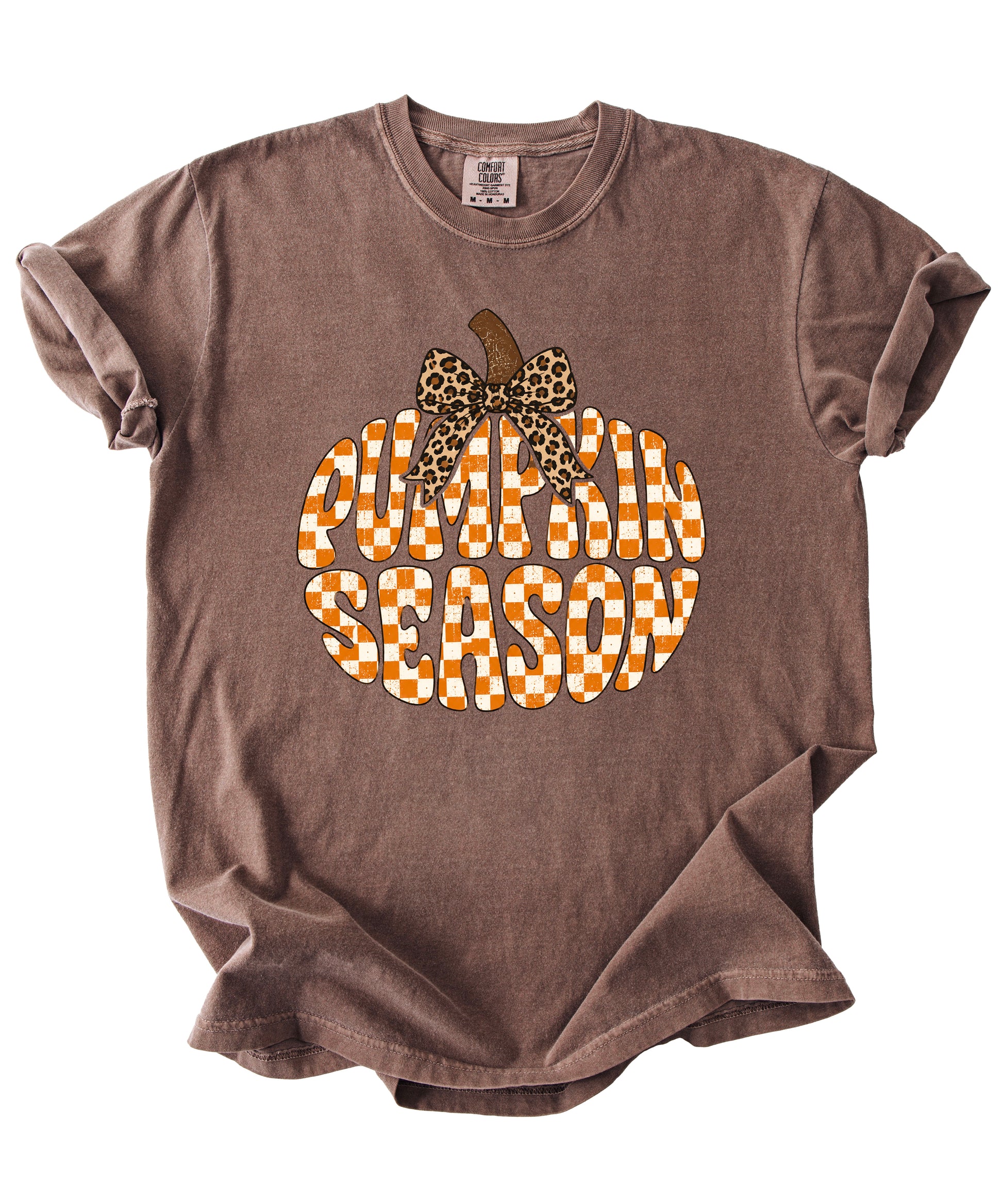 Pumpkin Season checkered pumpkin with leopard bow graphic tee in Espresso, Comfort Colors 1717 womens fall t-shirt, styled view