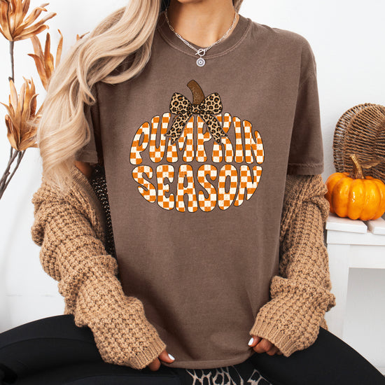 Pumpkin Season checkered pumpkin with leopard bow graphic tee in Espresso, Comfort Colors 1717 womens fall t-shirt, back view