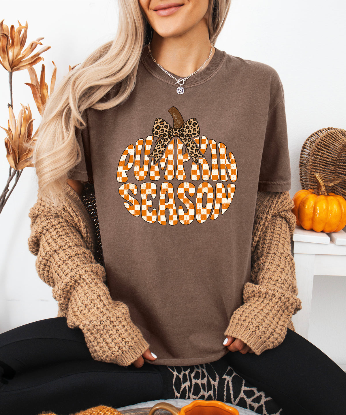 Pumpkin Season checkered pumpkin with leopard bow graphic tee in Espresso, Comfort Colors 1717 womens fall t-shirt, back view
