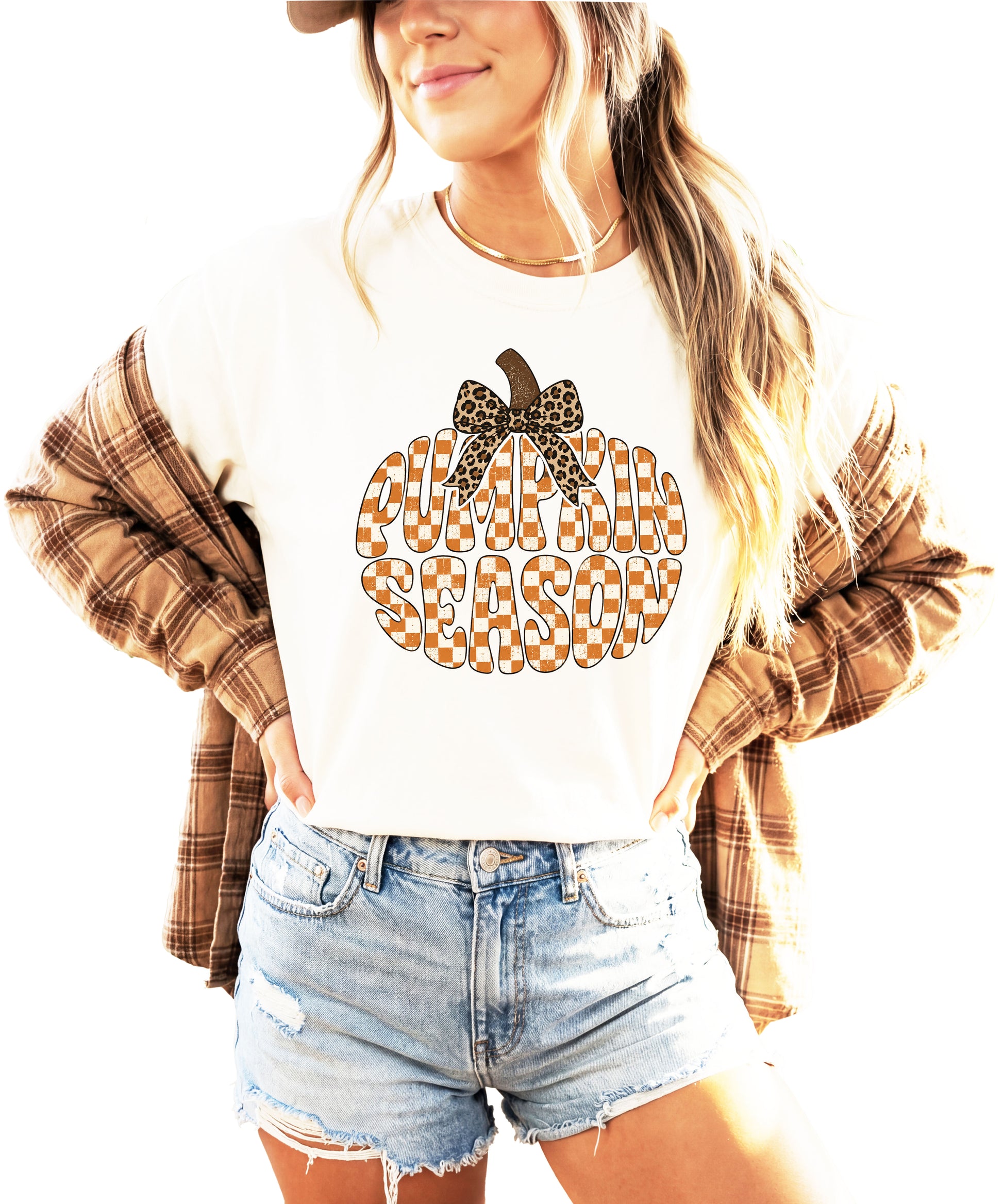 Pumpkin Season checkered pumpkin with leopard bow graphic tee in Ivory, Comfort Colors 1717 womens fall t-shirt, front view
