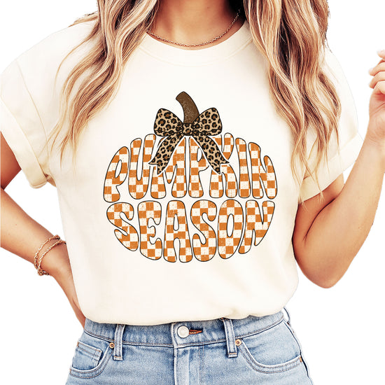 Pumpkin Season checkered pumpkin with leopard bow graphic tee in Ivory, Comfort Colors 1717 womens fall t-shirt, detail view