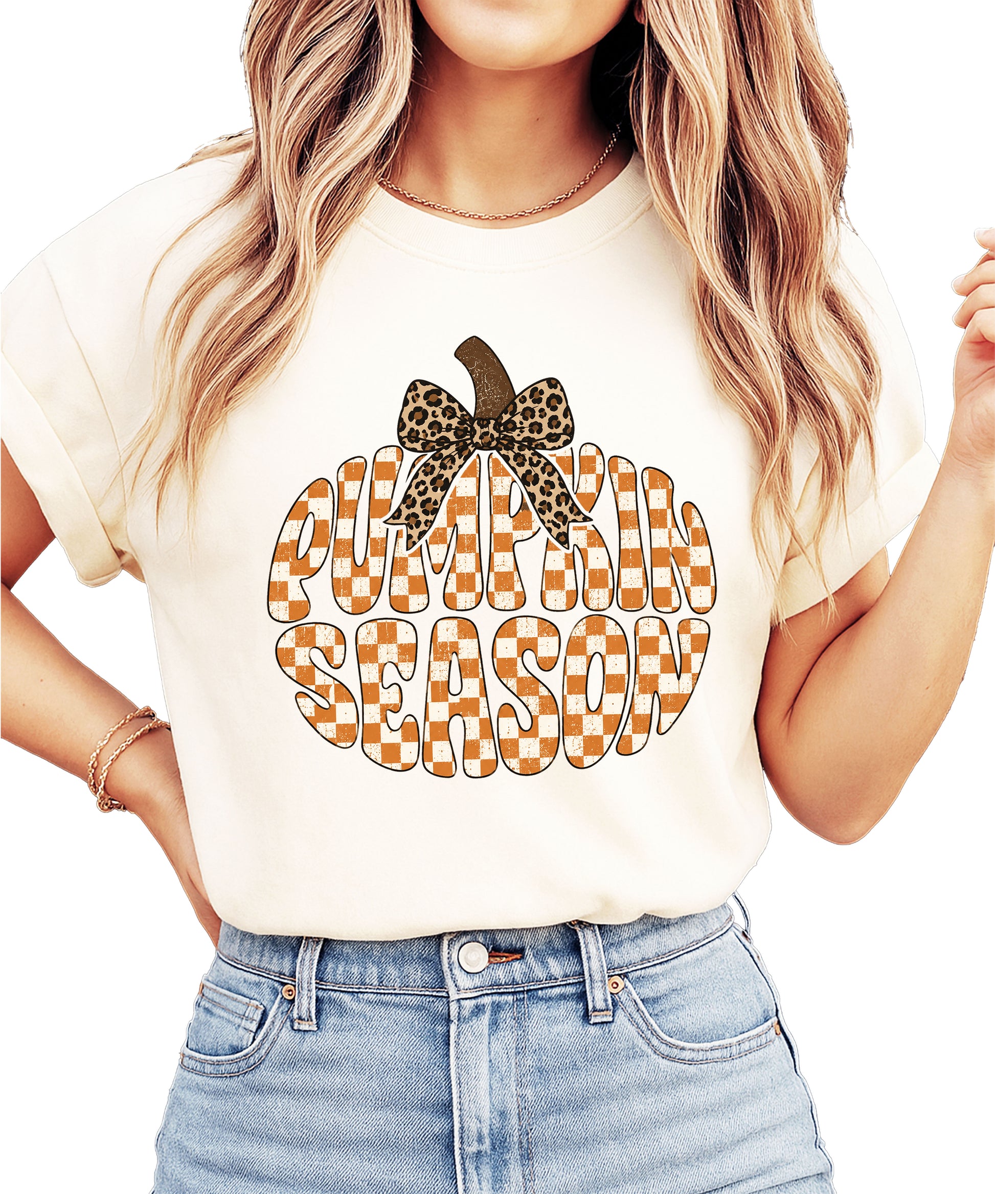 Pumpkin Season checkered pumpkin with leopard bow graphic tee in Ivory, Comfort Colors 1717 womens fall t-shirt, detail view
