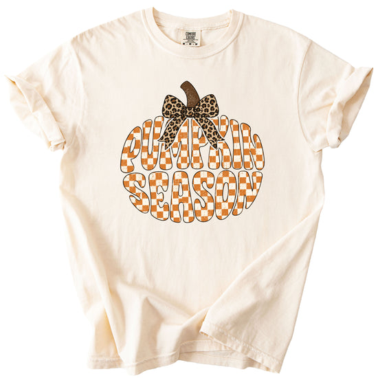 Pumpkin Season checkered pumpkin with leopard bow graphic tee in Ivory, Comfort Colors 1717 womens fall t-shirt, styled view