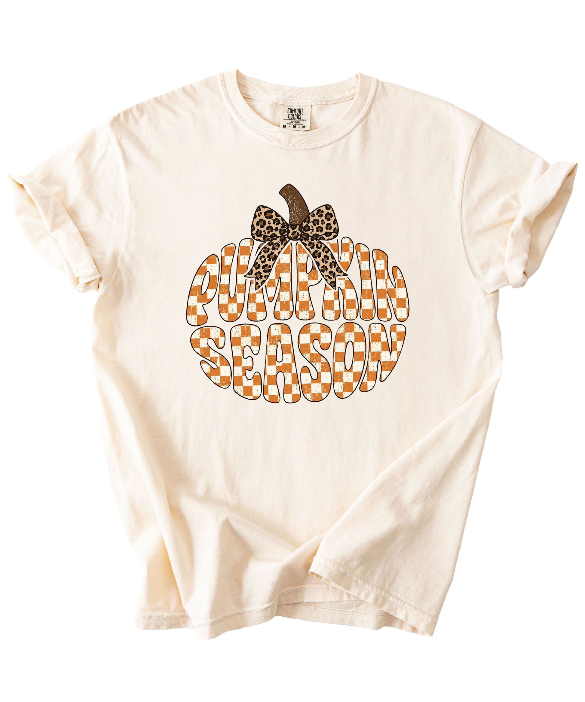 Pumpkin Season checkered pumpkin with leopard bow graphic tee in Ivory, Comfort Colors 1717 womens fall t-shirt, styled view