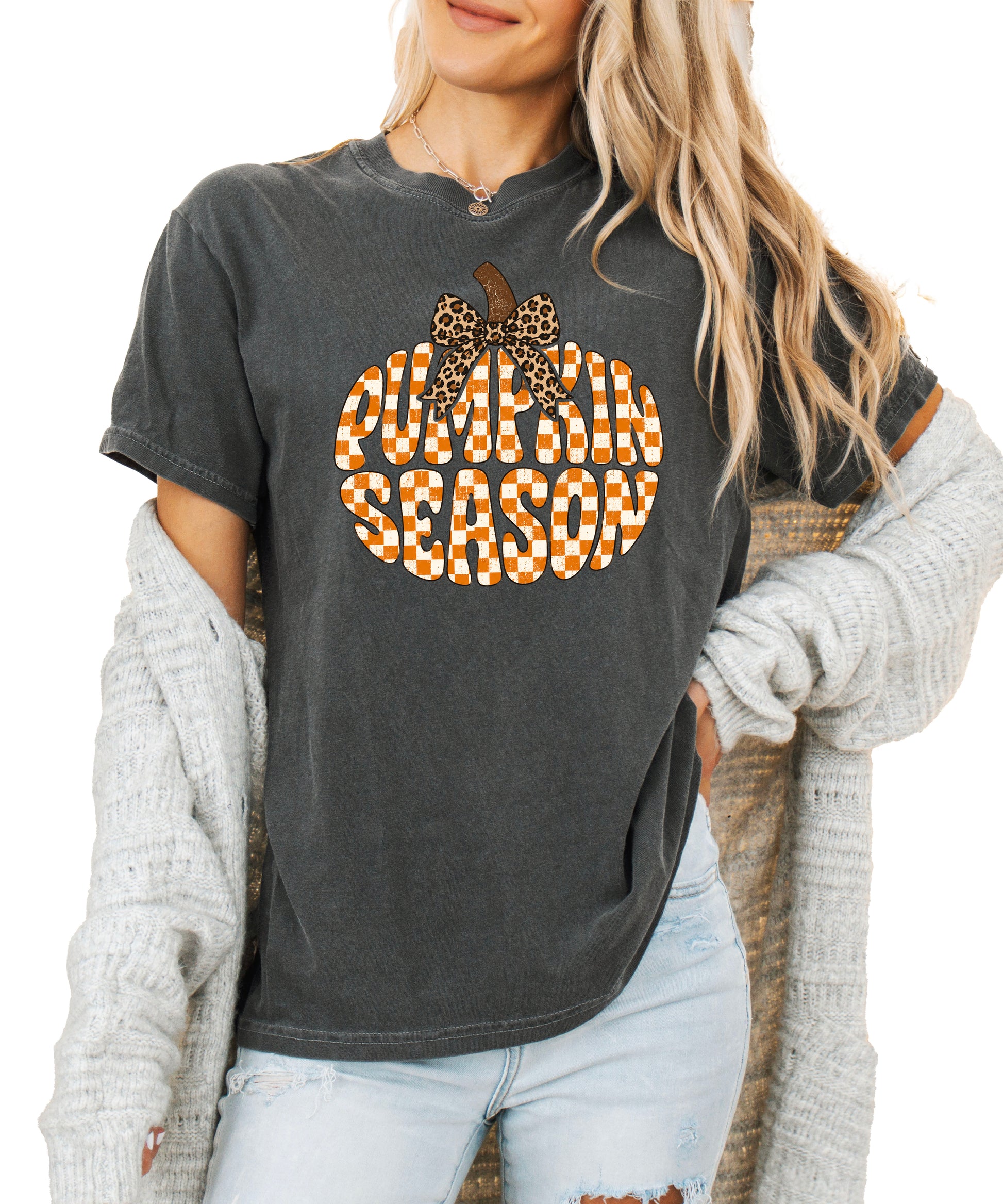 Pumpkin Season checkered pumpkin with leopard bow graphic tee in Pepper, Comfort Colors 1717 womens fall t-shirt, detail view