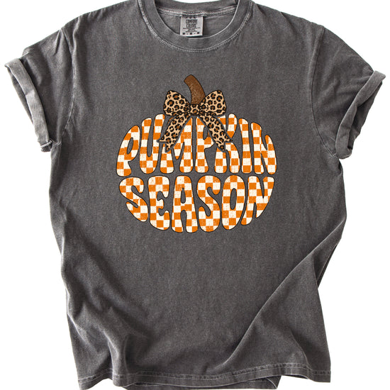 Pumpkin Season checkered pumpkin with leopard bow graphic tee in Pepper, Comfort Colors 1717 womens fall t-shirt, styled view