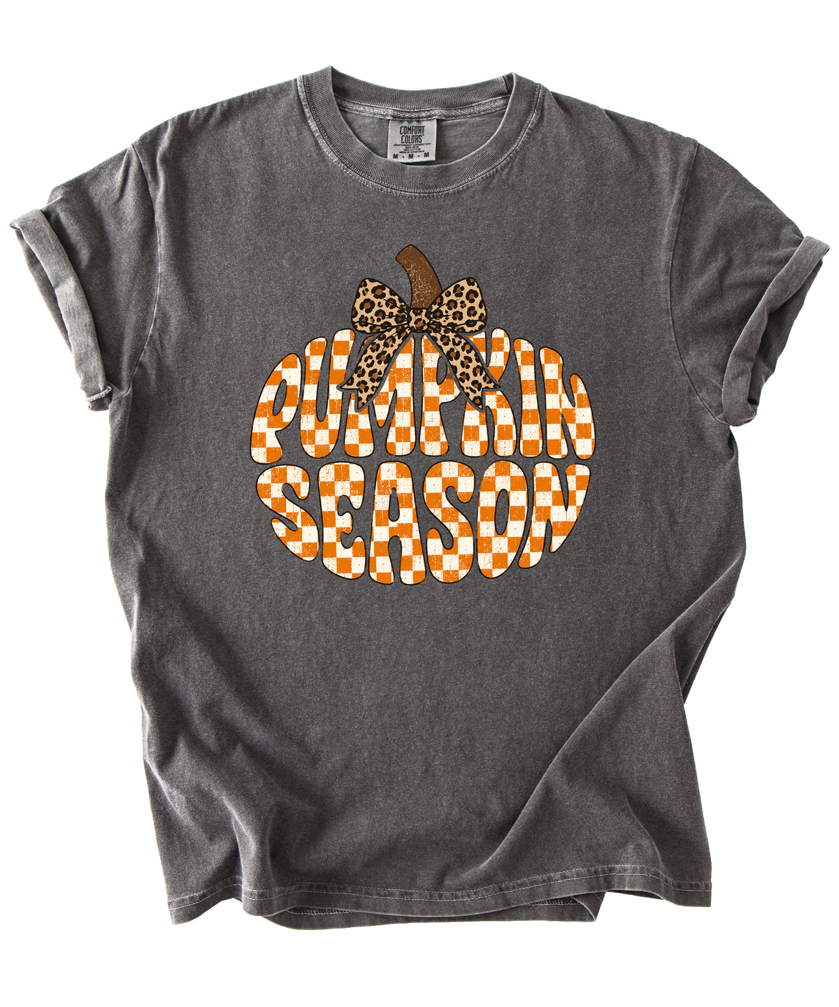 Pumpkin Season checkered pumpkin with leopard bow graphic tee in Pepper, Comfort Colors 1717 womens fall t-shirt, styled view