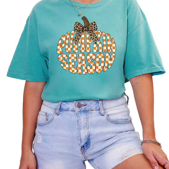 Pumpkin Season checkered pumpkin with leopard bow graphic tee in Seafoam, Comfort Colors 1717 womens fall t-shirt, front view