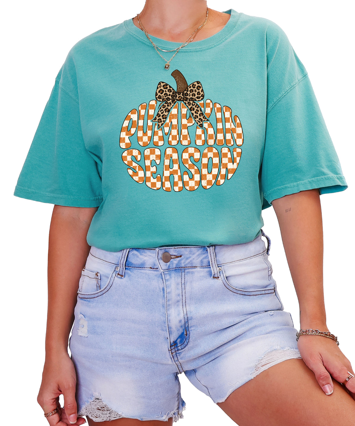 Pumpkin Season checkered pumpkin with leopard bow graphic tee in Seafoam, Comfort Colors 1717 womens fall t-shirt, front view