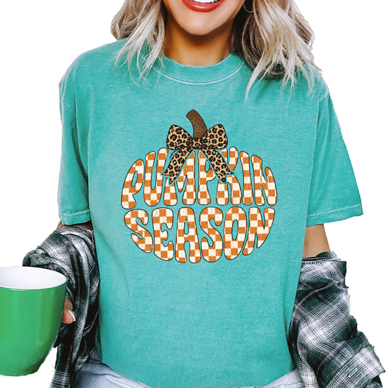 Pumpkin Season checkered pumpkin with leopard bow graphic tee in Seafoam, Comfort Colors 1717 womens fall t-shirt, detail view