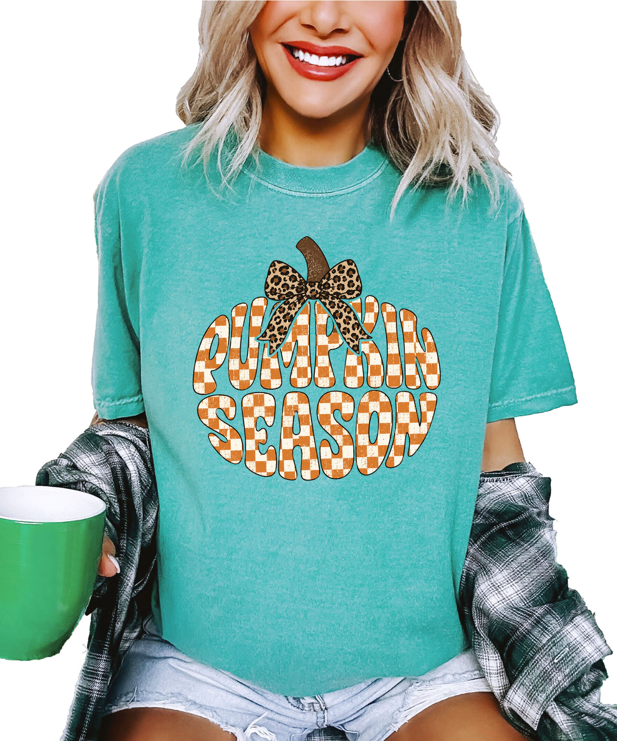 Pumpkin Season checkered pumpkin with leopard bow graphic tee in Seafoam, Comfort Colors 1717 womens fall t-shirt, detail view