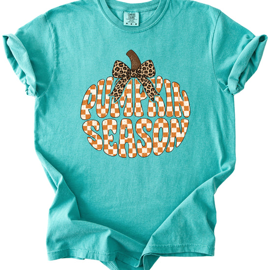 Pumpkin Season checkered pumpkin with leopard bow graphic tee in Seafoam, Comfort Colors 1717 womens fall t-shirt, styled view