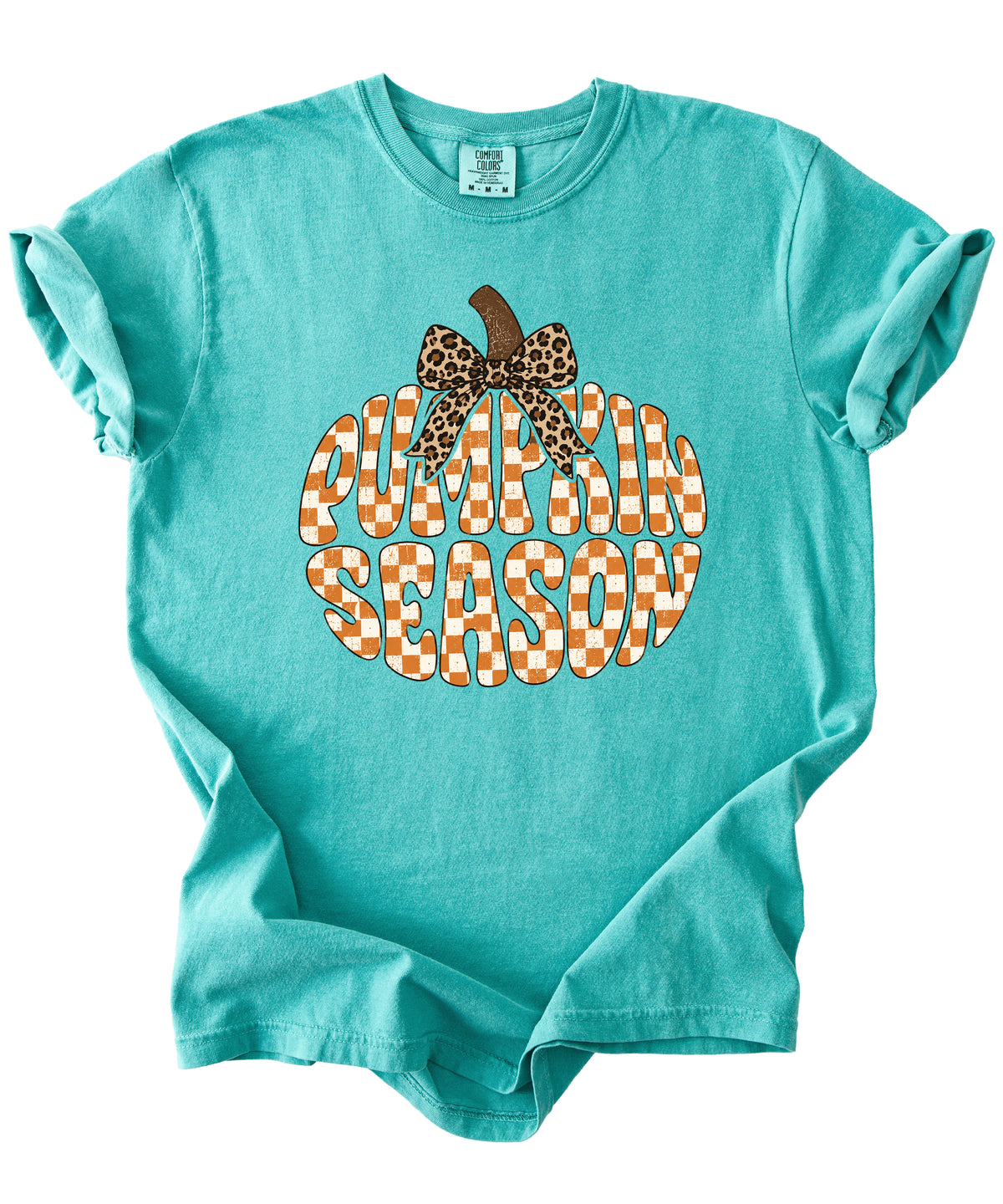 Pumpkin Season checkered pumpkin with leopard bow graphic tee in Seafoam, Comfort Colors 1717 womens fall t-shirt, styled view