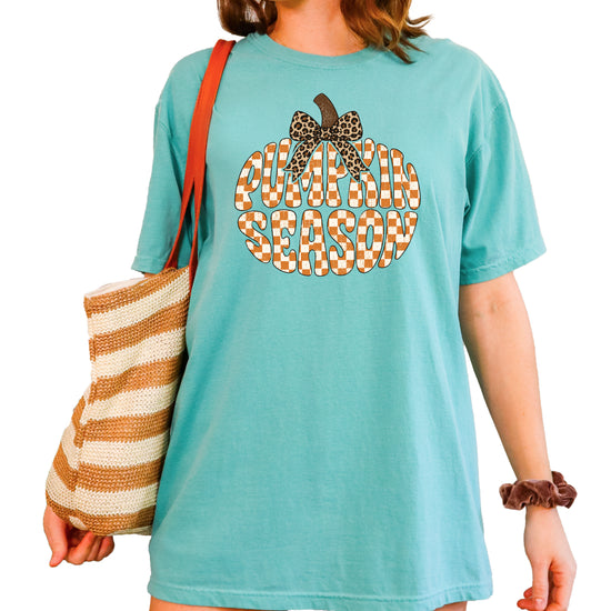 Pumpkin Season checkered pumpkin with leopard bow graphic tee in Seafoam, Comfort Colors 1717 womens fall t-shirt, back view