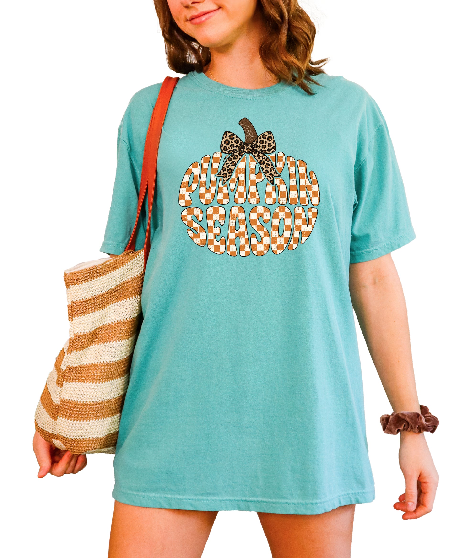 Pumpkin Season checkered pumpkin with leopard bow graphic tee in Seafoam, Comfort Colors 1717 womens fall t-shirt, back view