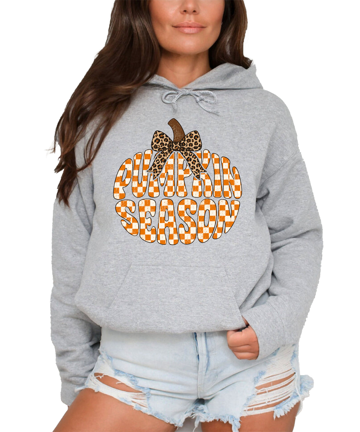 Pumpkin Season retro checkered pumpkin and leopard bow graphic hoodie in Gray, front view