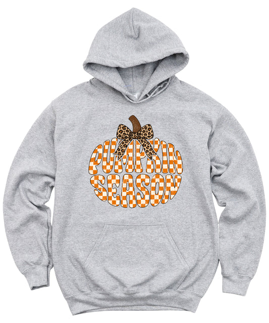 Pumpkin Season retro checkered fall hoodie in Gray, alternate view 3