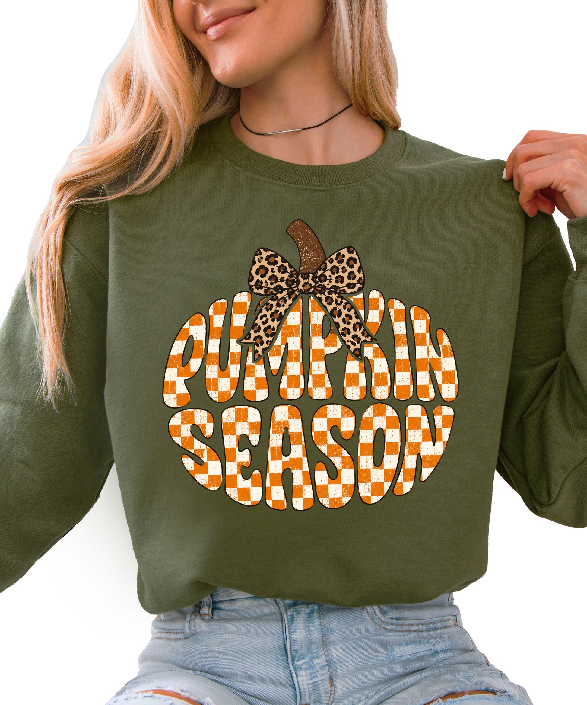 Army Green Pumpkin Season checkered pumpkin leopard bow crewneck sweatshirt for women, front view