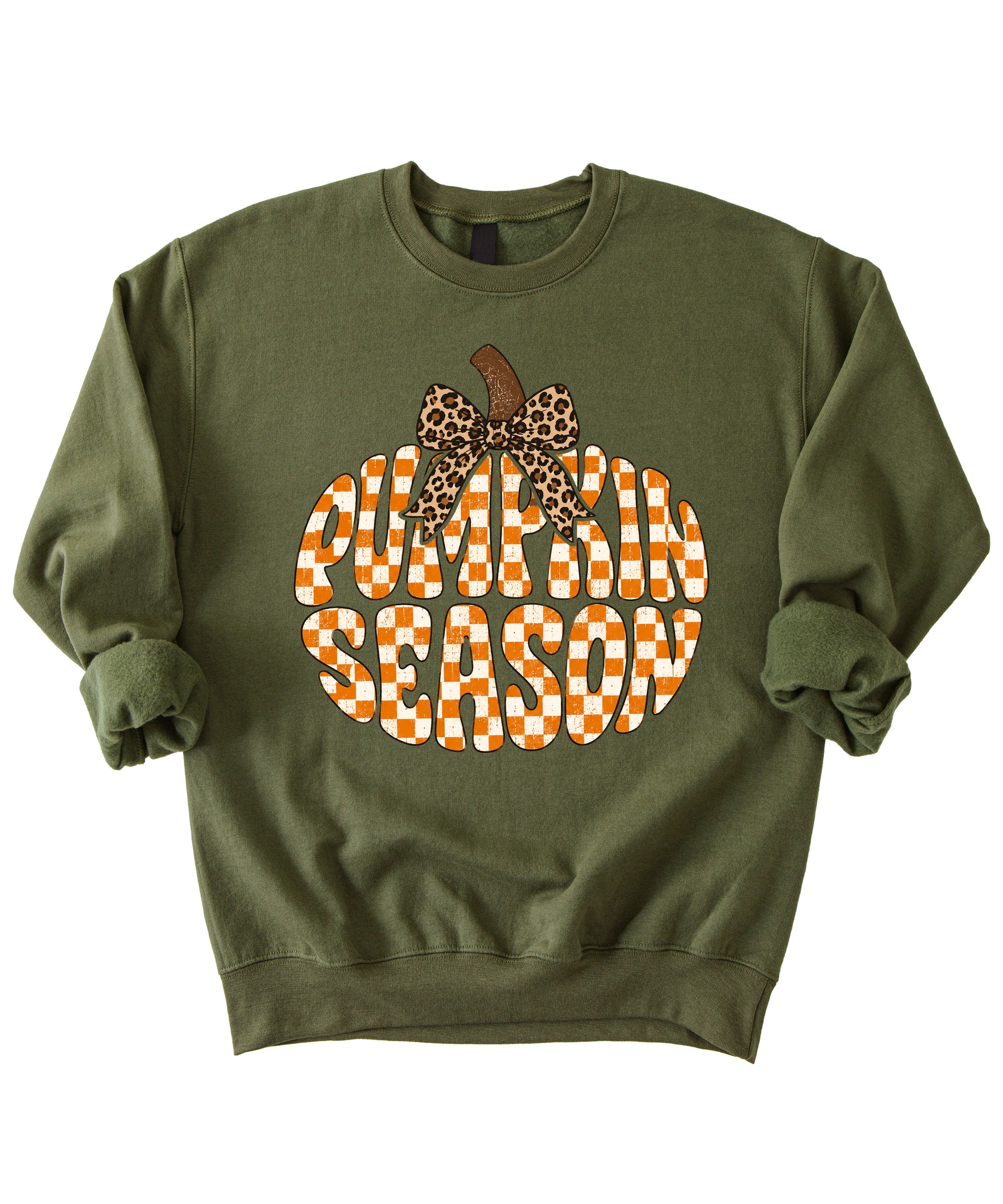 Army Green Pumpkin Season checkered pumpkin leopard bow crewneck sweatshirt for women, design close-up