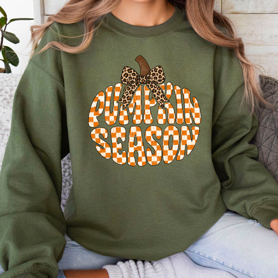 Army Green Pumpkin Season checkered pumpkin leopard bow crewneck sweatshirt for women, styled detail view