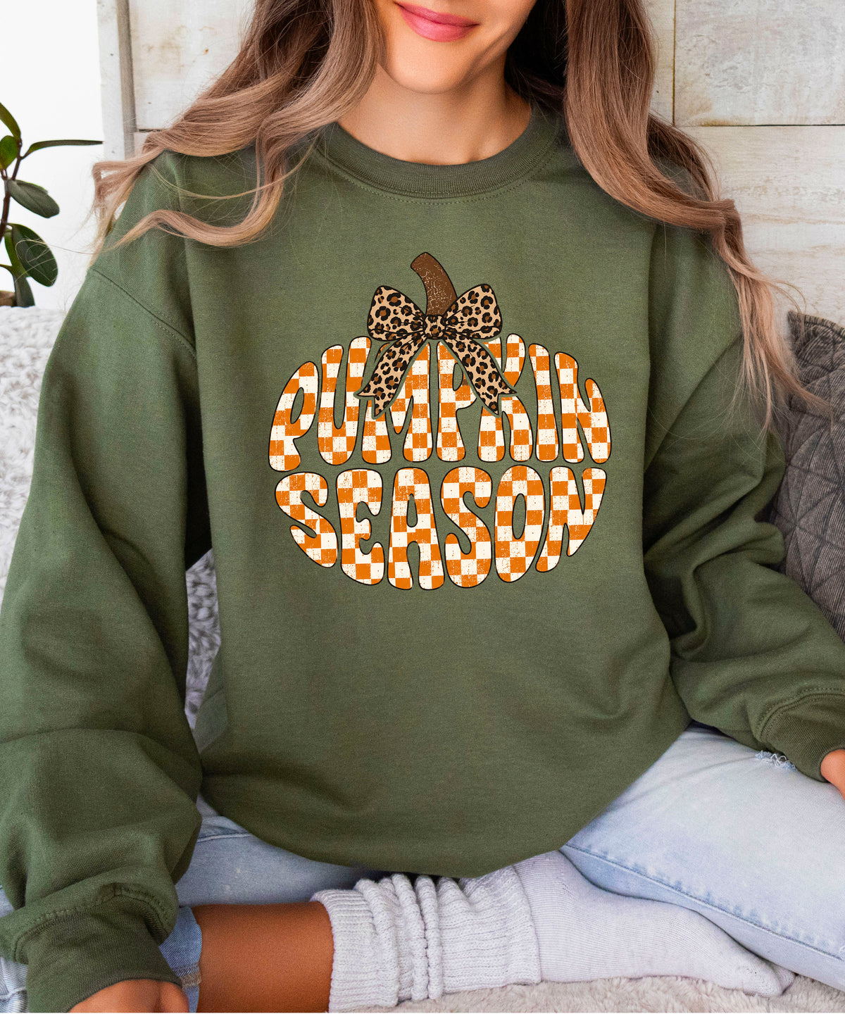 Army Green Pumpkin Season checkered pumpkin leopard bow crewneck sweatshirt for women, styled detail view