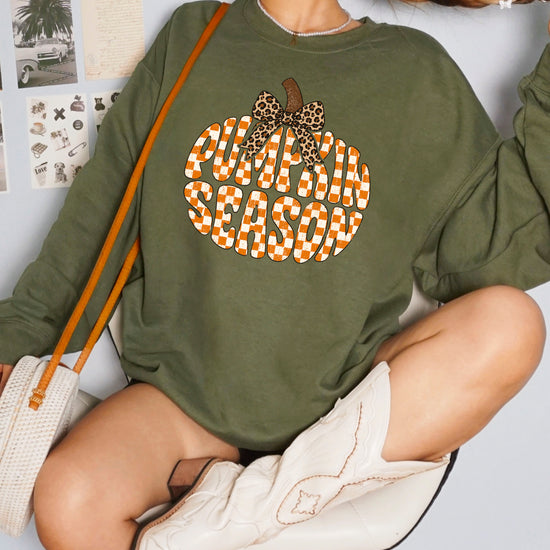 Army Green Pumpkin Season checkered pumpkin leopard bow crewneck sweatshirt for women, back or flat-lay view