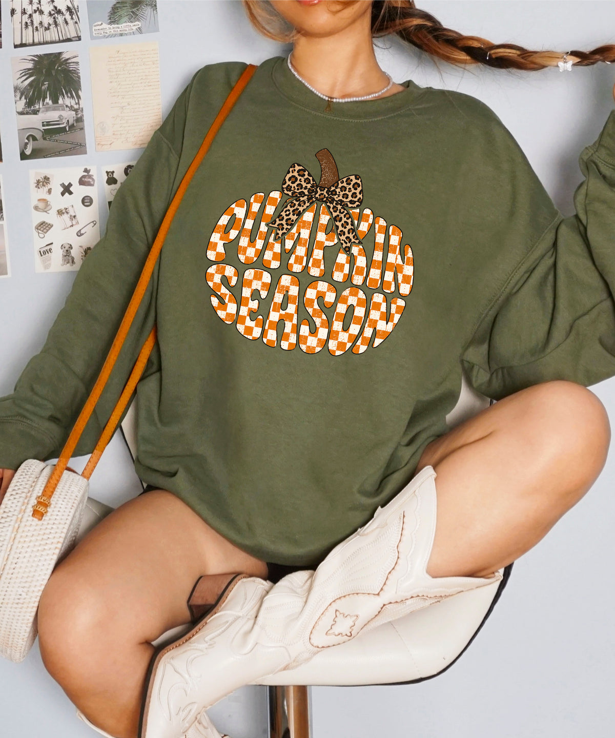 Army Green Pumpkin Season checkered pumpkin leopard bow crewneck sweatshirt for women, back or flat-lay view