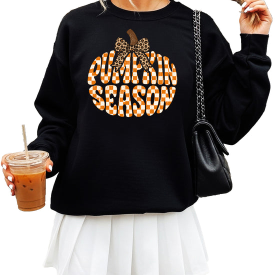 Black Pumpkin Season checkered pumpkin leopard bow crewneck sweatshirt for women, front view