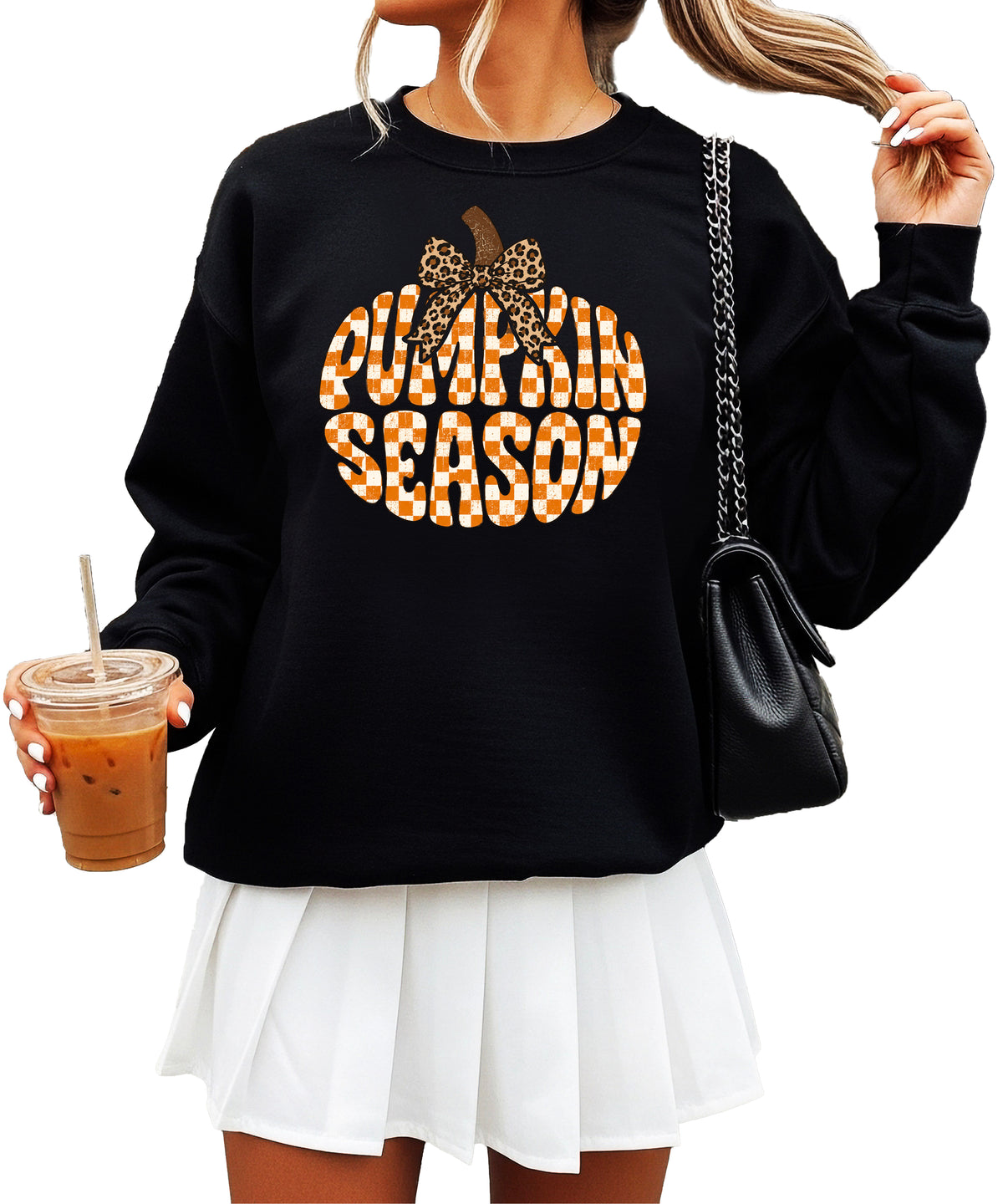 Black Pumpkin Season checkered pumpkin leopard bow crewneck sweatshirt for women, front view