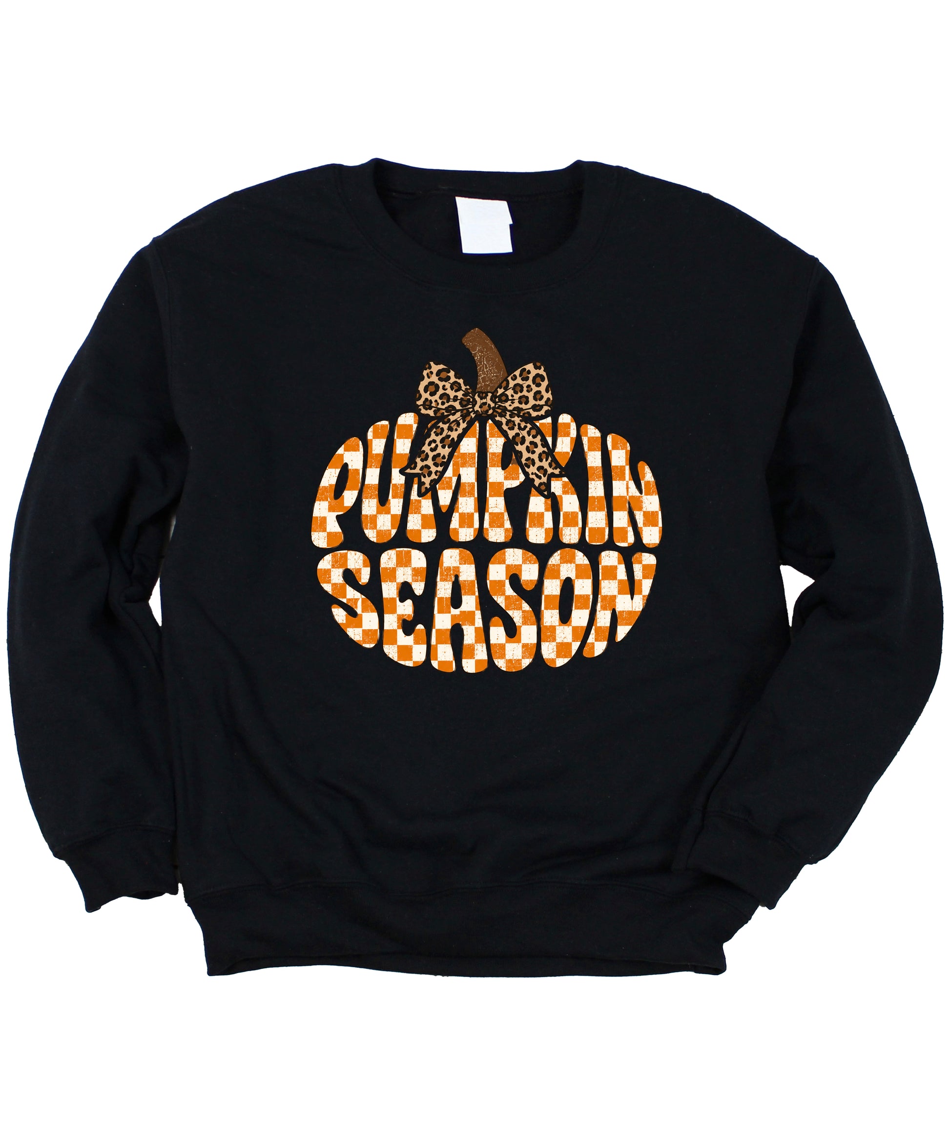 Black Pumpkin Season checkered pumpkin leopard bow crewneck sweatshirt for women, design close-up