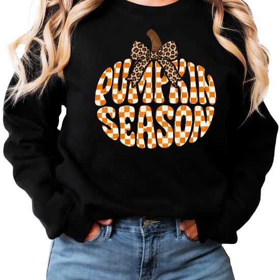 Black Pumpkin Season checkered pumpkin leopard bow crewneck sweatshirt for women, styled detail view