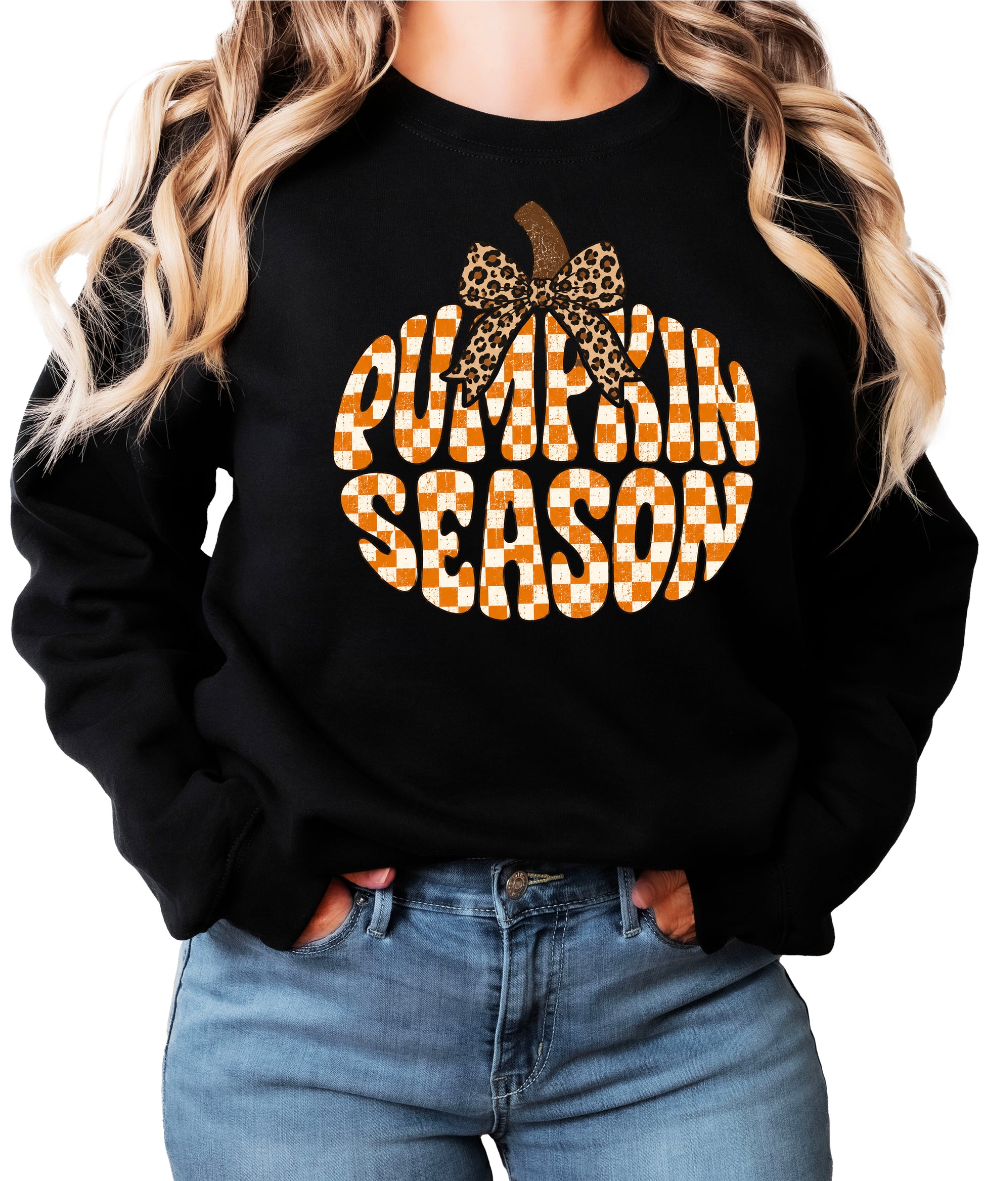 Black Pumpkin Season checkered pumpkin leopard bow crewneck sweatshirt for women, styled detail view