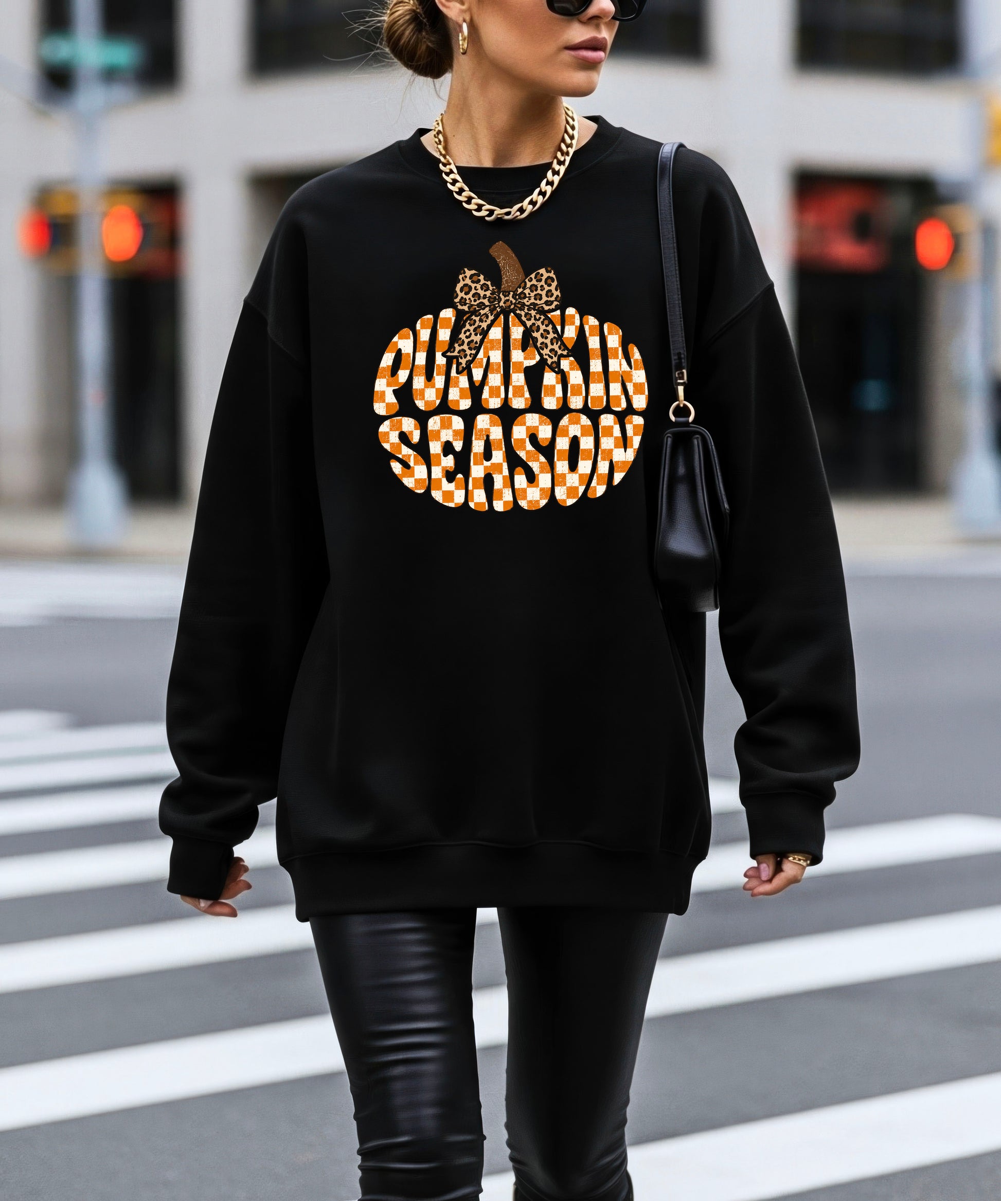 Black Pumpkin Season checkered pumpkin leopard bow crewneck sweatshirt for women, back or flat-lay view