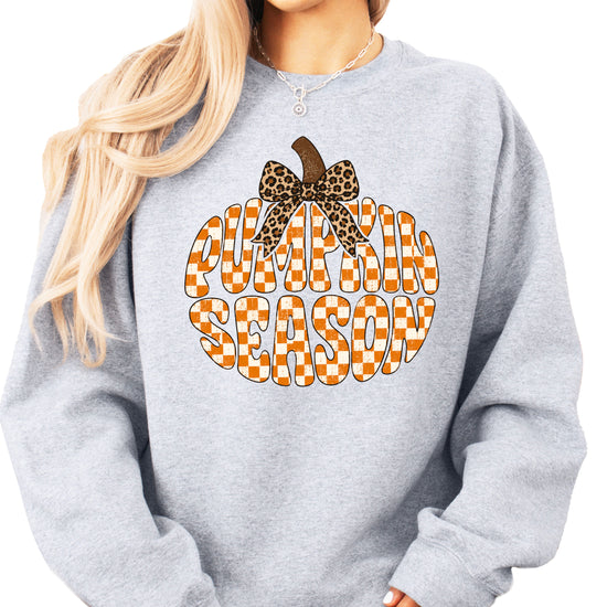 Gray Pumpkin Season checkered pumpkin leopard bow crewneck sweatshirt for women, front view