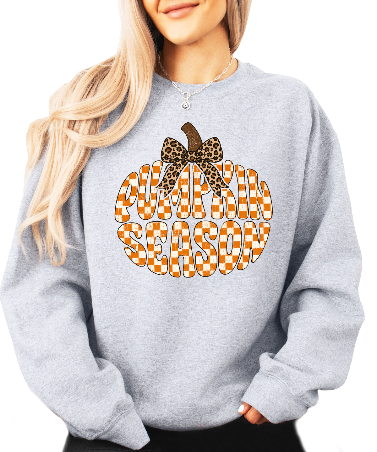 Gray Pumpkin Season checkered pumpkin leopard bow crewneck sweatshirt for women, front view