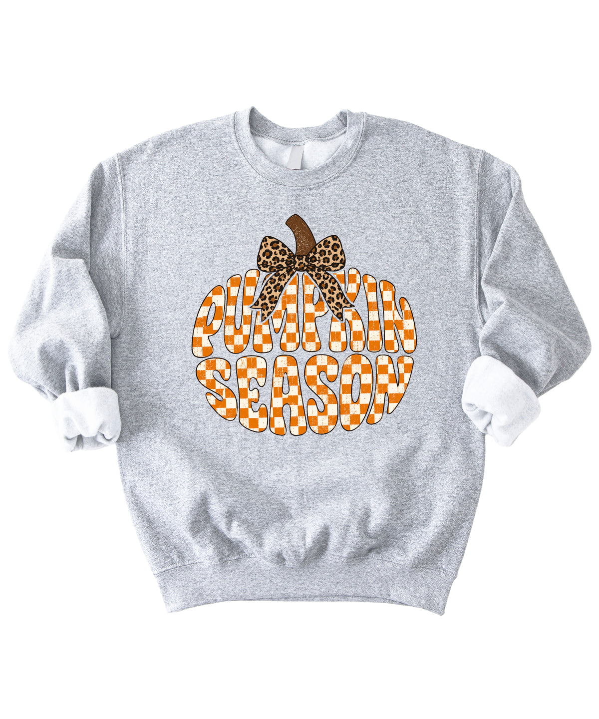 Gray Pumpkin Season checkered pumpkin leopard bow crewneck sweatshirt for women, design close-up