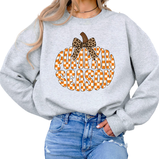 Gray Pumpkin Season checkered pumpkin leopard bow crewneck sweatshirt for women, styled detail view