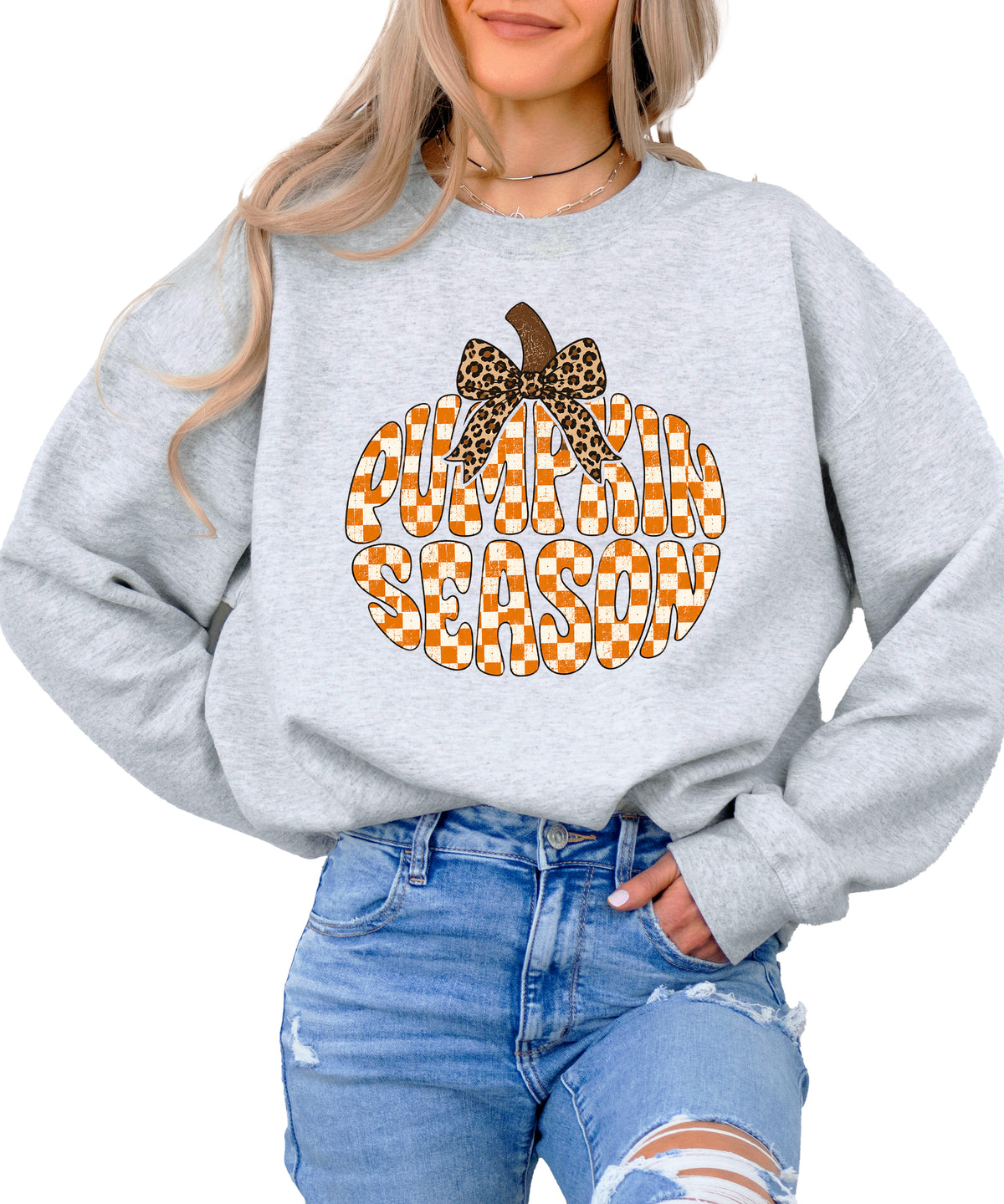 Gray Pumpkin Season checkered pumpkin leopard bow crewneck sweatshirt for women, styled detail view