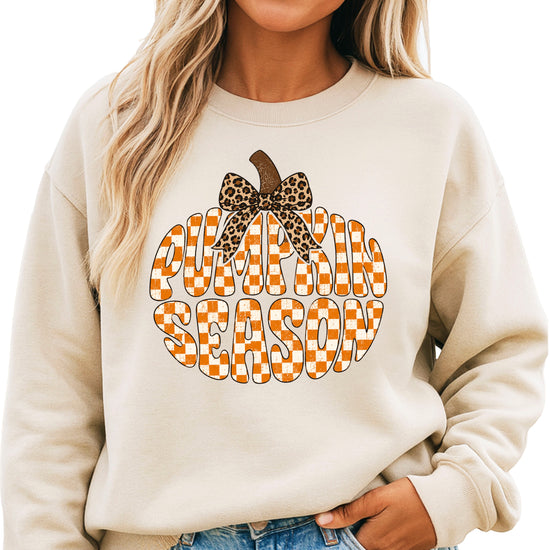 Sand Pumpkin Season checkered pumpkin leopard bow crewneck sweatshirt for women, front view