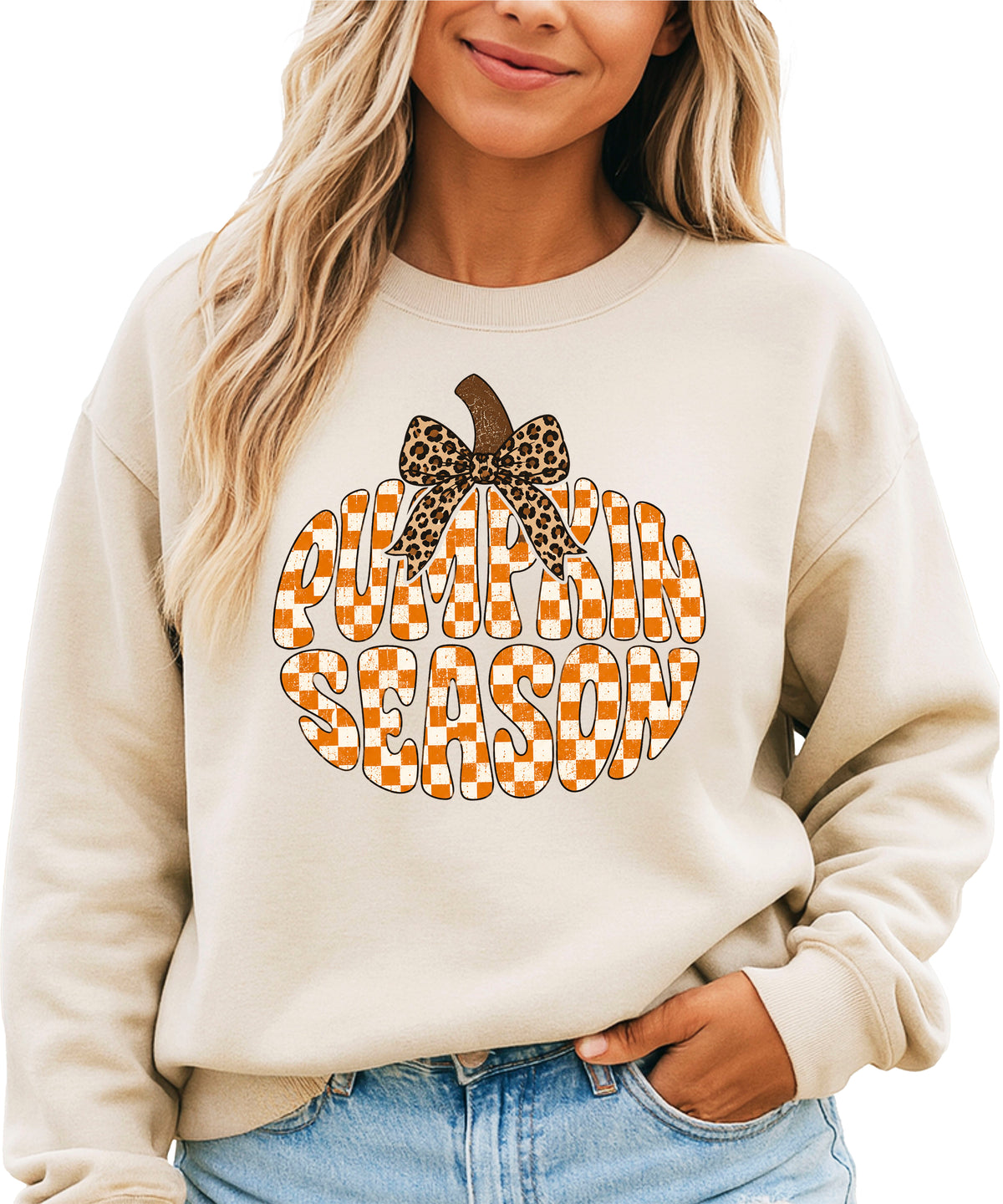 Sand Pumpkin Season checkered pumpkin leopard bow crewneck sweatshirt for women, front view