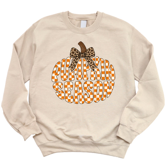 Sand Pumpkin Season checkered pumpkin leopard bow crewneck sweatshirt for women, design close-up