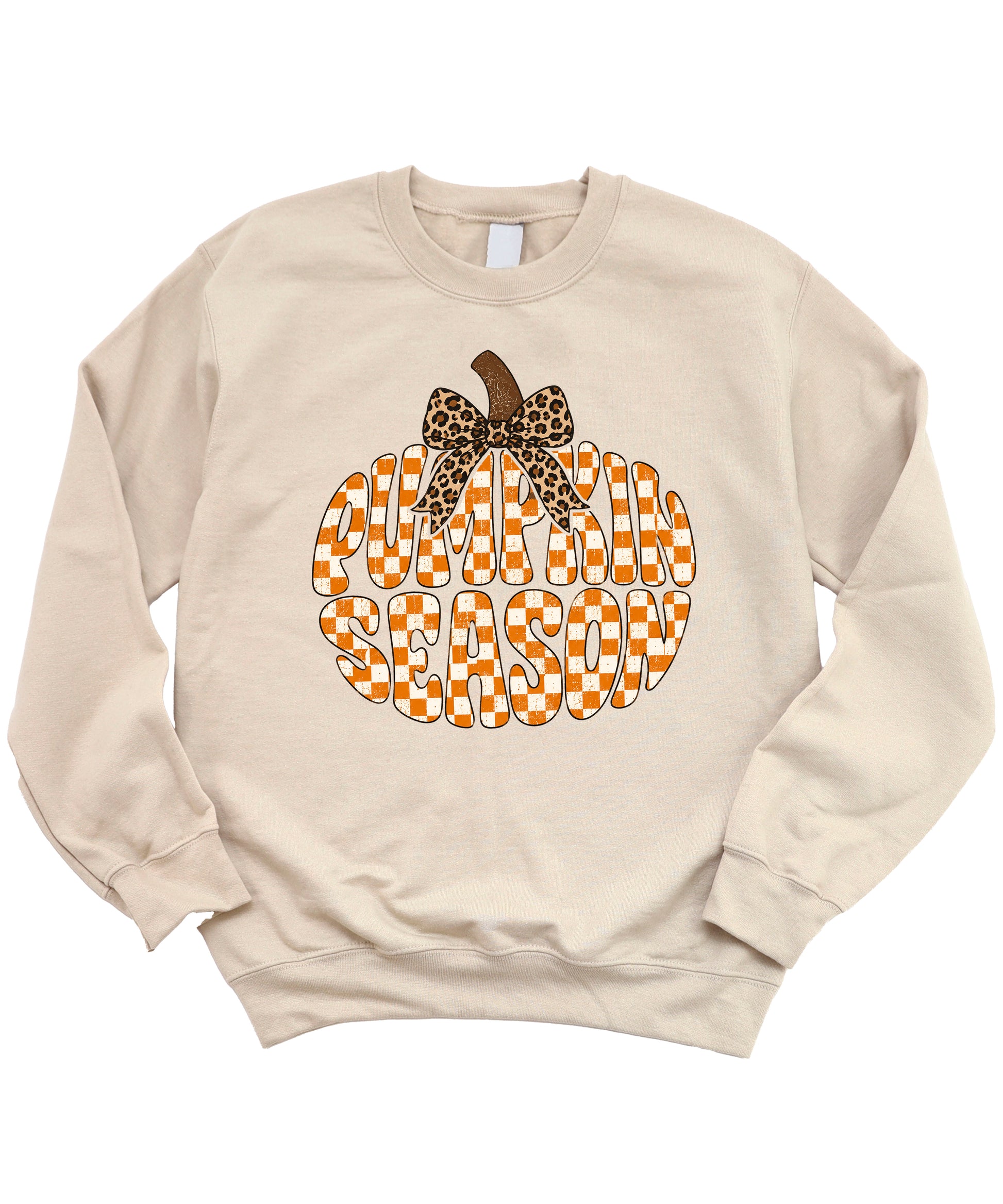 Sand Pumpkin Season checkered pumpkin leopard bow crewneck sweatshirt for women, design close-up