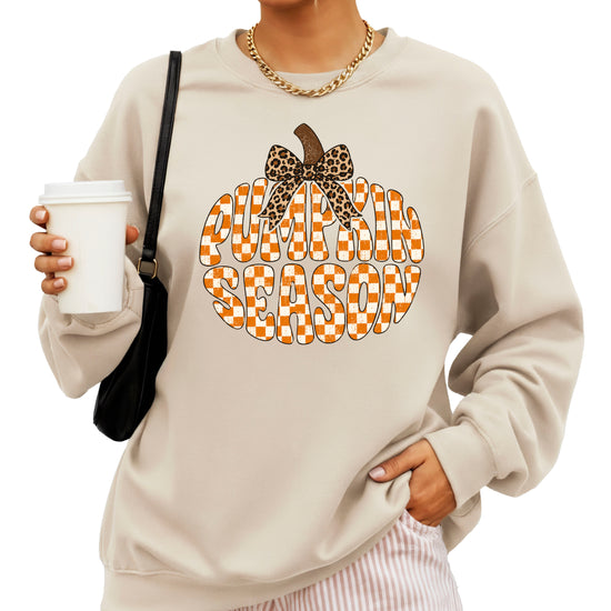 Sand Pumpkin Season checkered pumpkin leopard bow crewneck sweatshirt for women, styled detail view