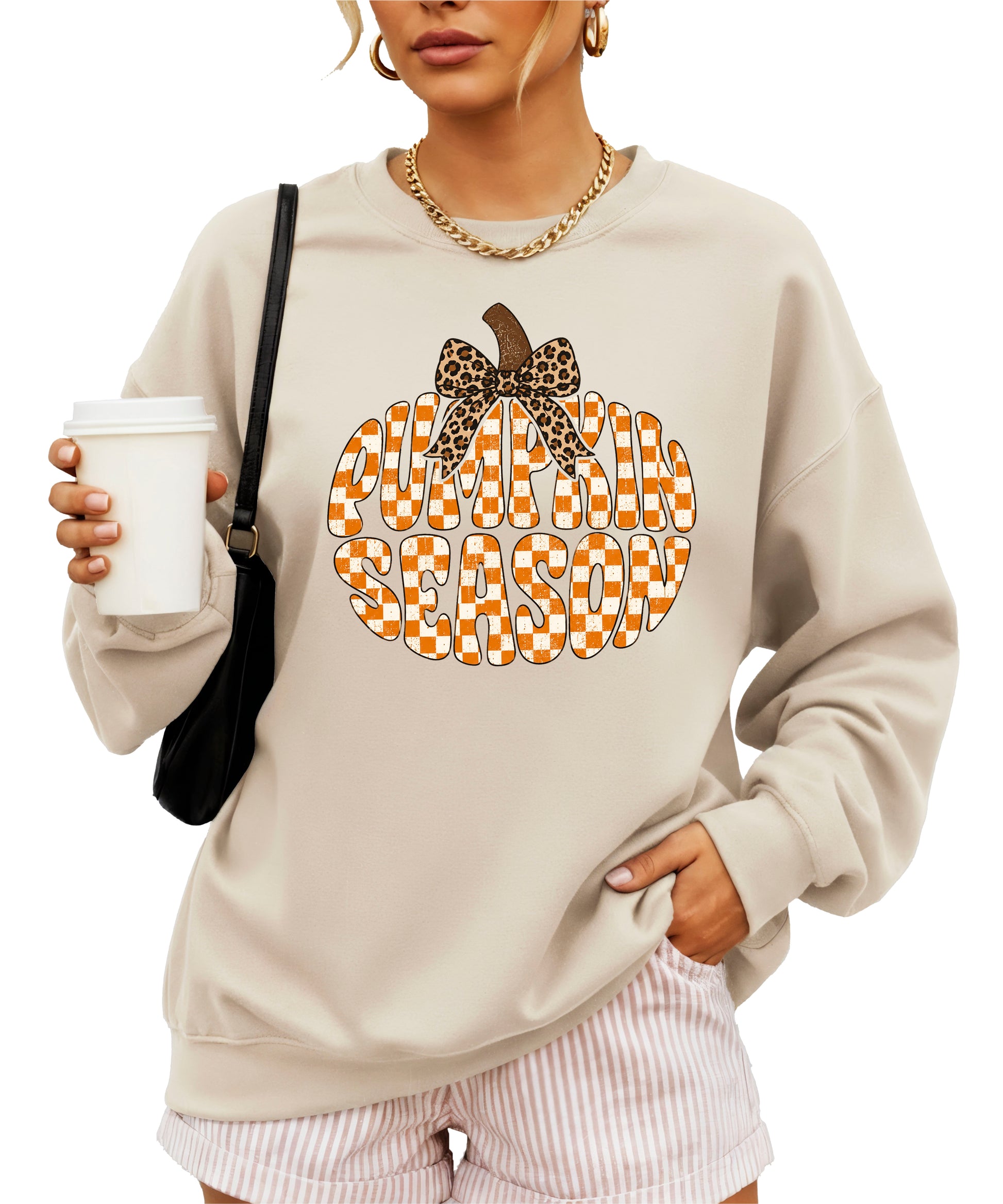 Sand Pumpkin Season checkered pumpkin leopard bow crewneck sweatshirt for women, styled detail view