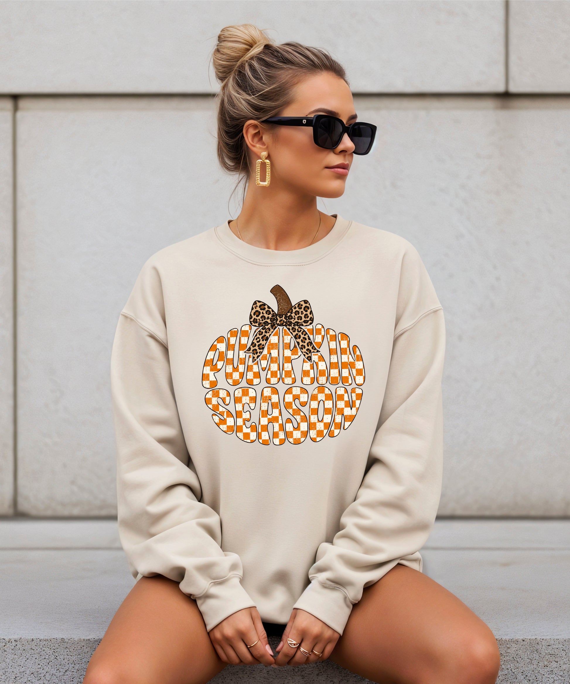 Sand Pumpkin Season checkered pumpkin leopard bow crewneck sweatshirt for women, back or flat-lay view