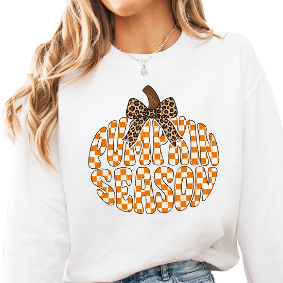 White Pumpkin Season checkered pumpkin leopard bow crewneck sweatshirt for women, front view