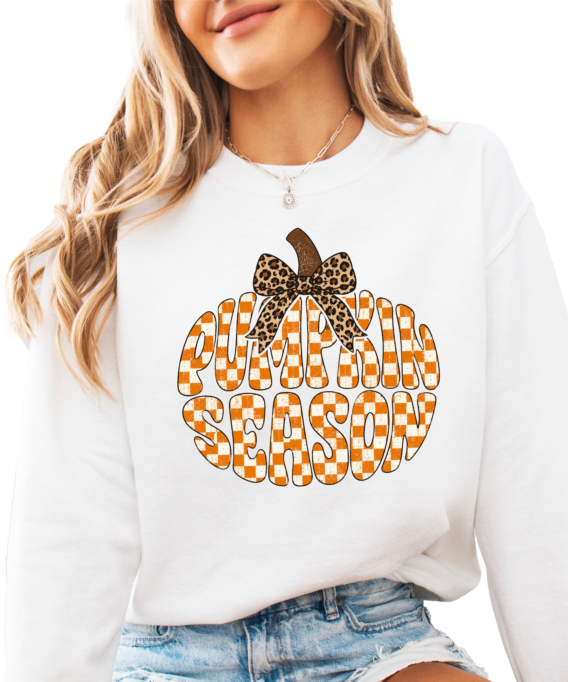 White Pumpkin Season checkered pumpkin leopard bow crewneck sweatshirt for women, front view