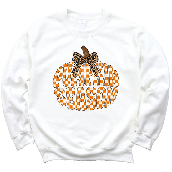 White Pumpkin Season checkered pumpkin leopard bow crewneck sweatshirt for women, design close-up