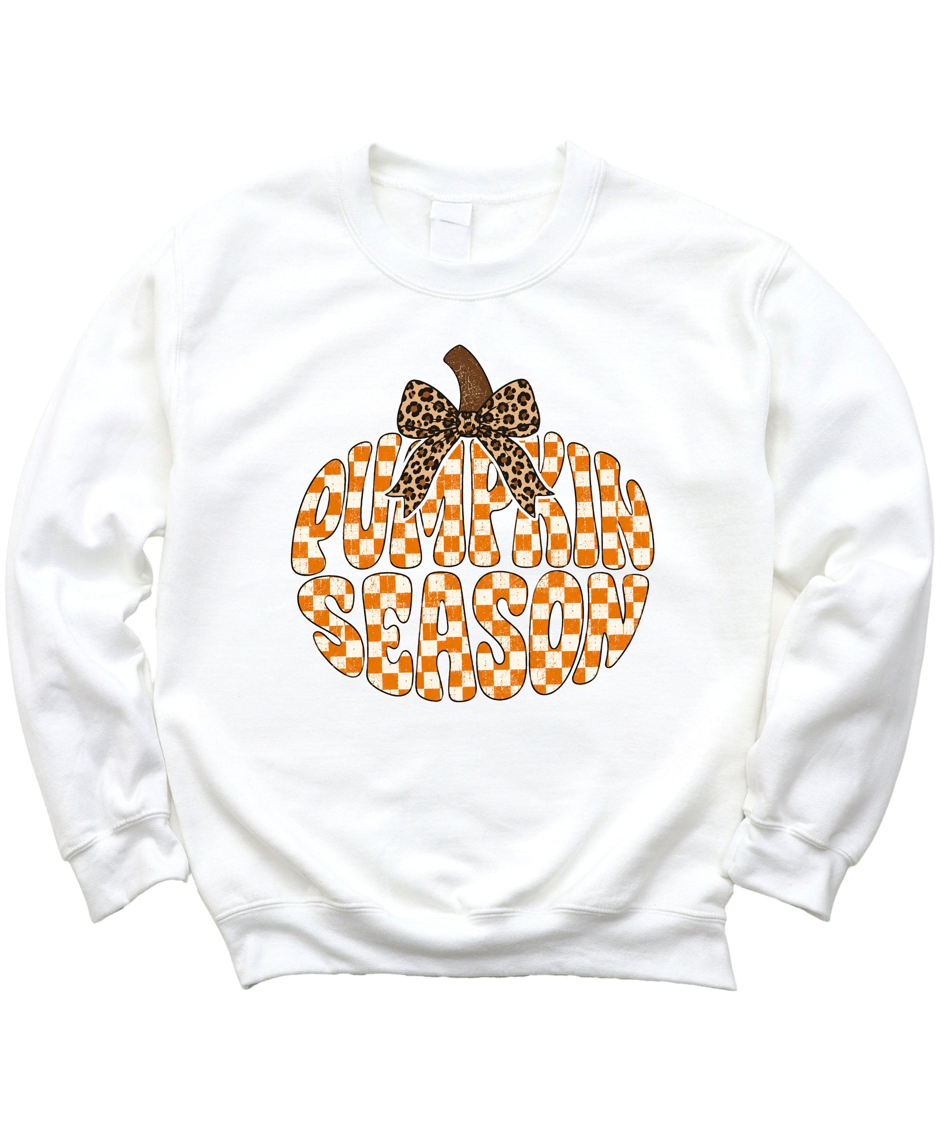 White Pumpkin Season checkered pumpkin leopard bow crewneck sweatshirt for women, design close-up